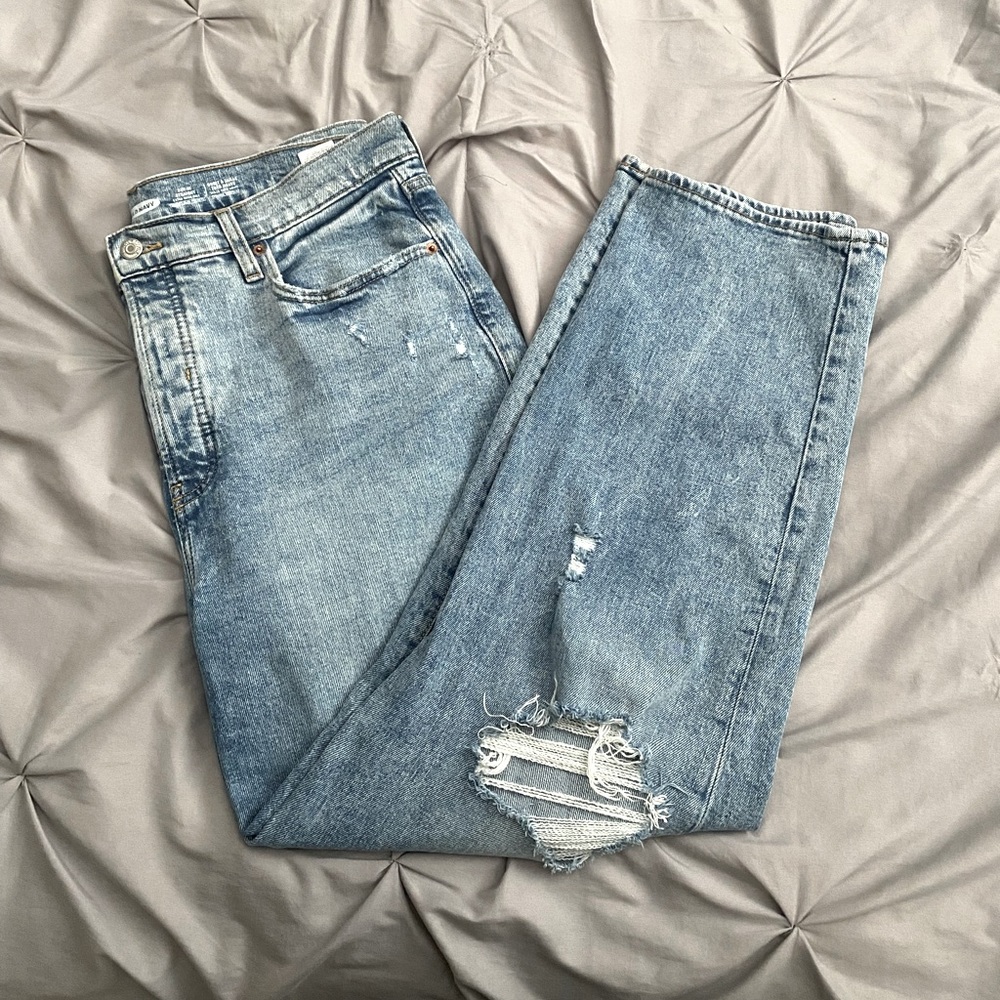 Blue ripped straight jeans-High rise